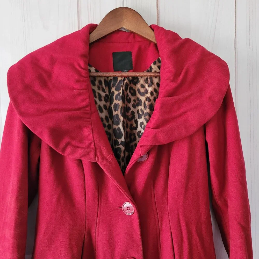 Express Pea Coat w/Leopard Interior, Wool Blend, Button Front, Women’s S, Red - Picture 2 of 9